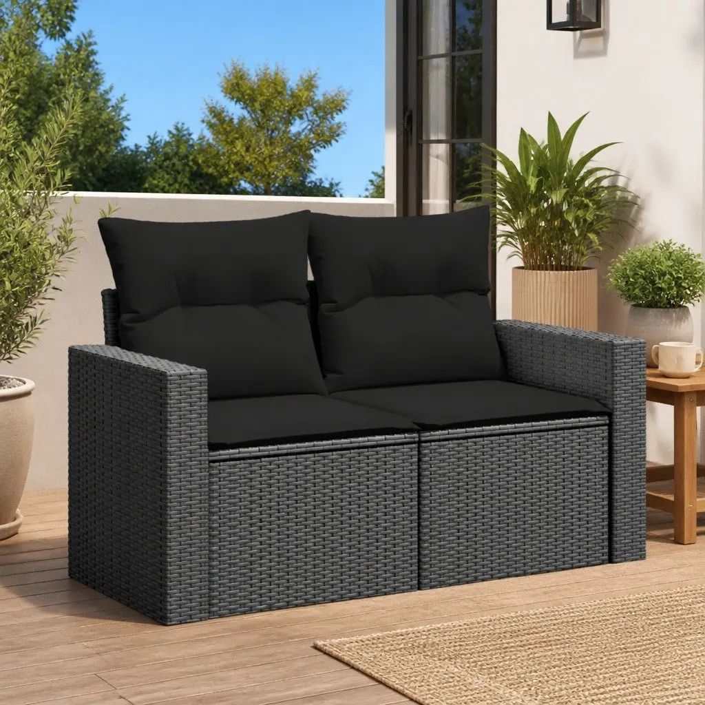2-Seater Garden Sofa Outdoor Seating Black Poly Rattan with Cushions