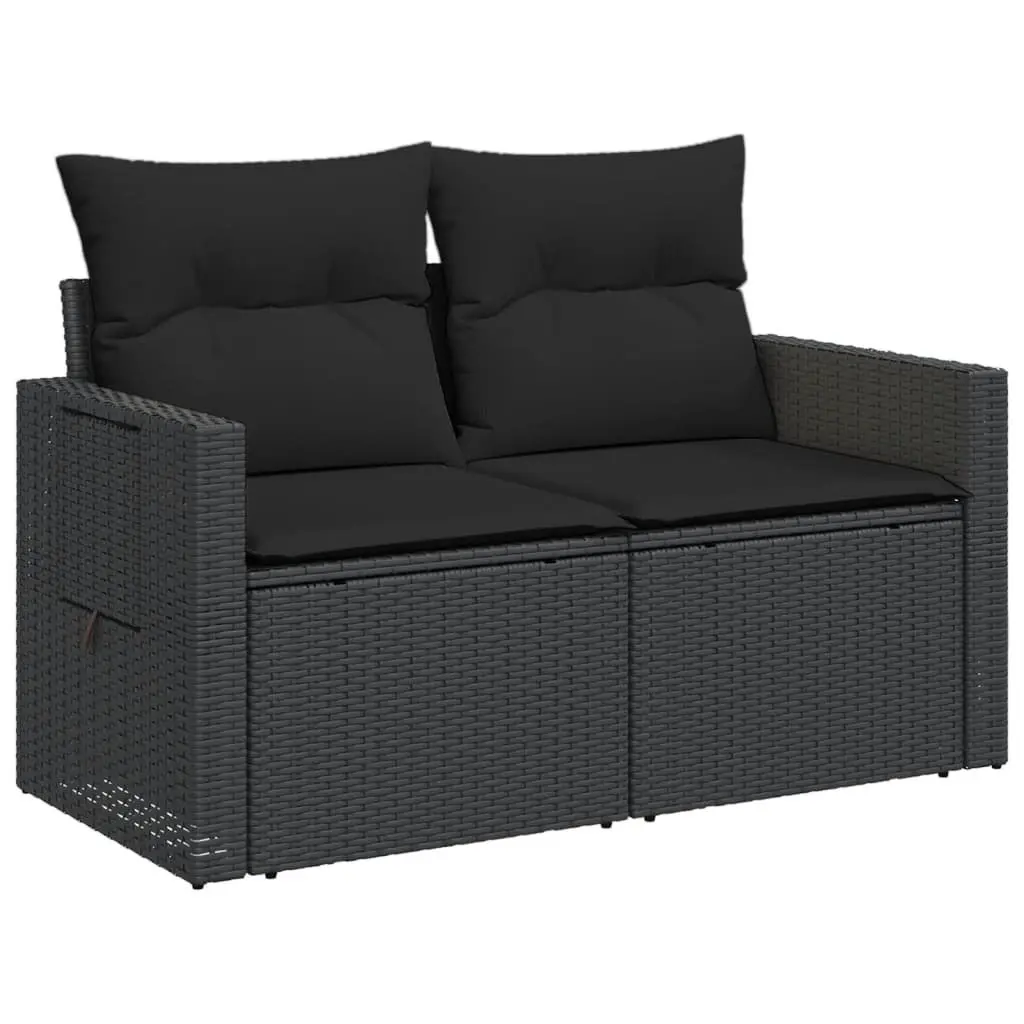 2-Seater Garden Sofa with Cushions Side Table Outdoor Seating Black Poly Rattan