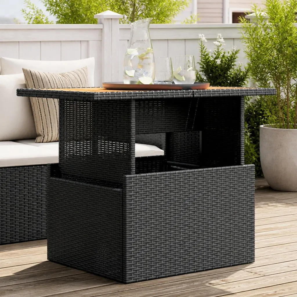 Garden Table Adjustable Top Outdoor Furniture Black Poly Rattan Acacia Wood 100 x 55 x 73 cm