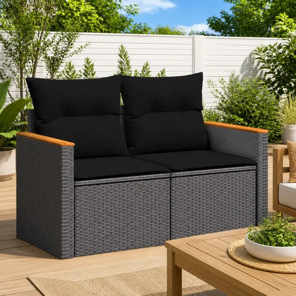 2-Seater Garden Sofa Outdoor Seating Black PE Rattan with Cushions