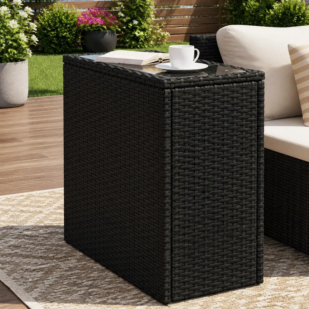 Garden Side Table Outdoor Use 58 x 27.5 x 55 cm Black Glass Top Poly Rattan Frame