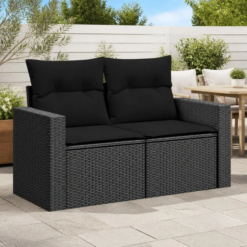Outdoor Garden Sofa 2-Seater Black Poly Rattan with Cushions