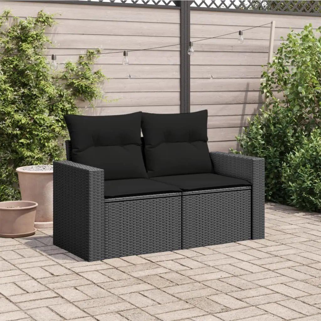 Outdoor Garden Sofa 2-Seater Black Poly Rattan with Cushions