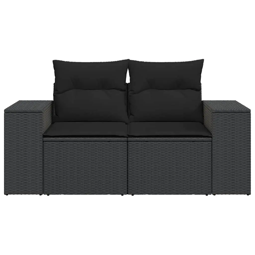 2-Seater Garden Sofa Outdoor Furniture Black Rattan with Cushions and Storage