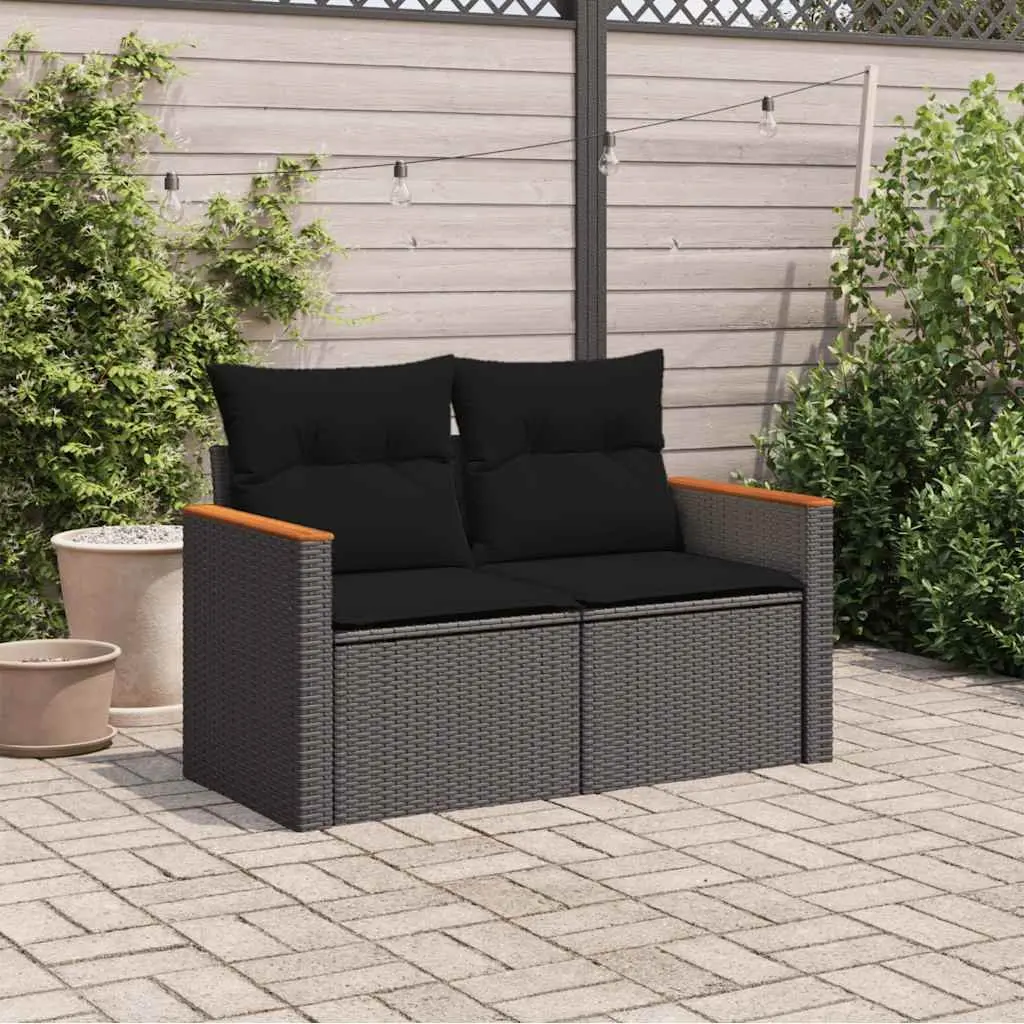 2-Seater Outdoor Garden Sofa with Storage Cushions Black Poly Rattan Patio