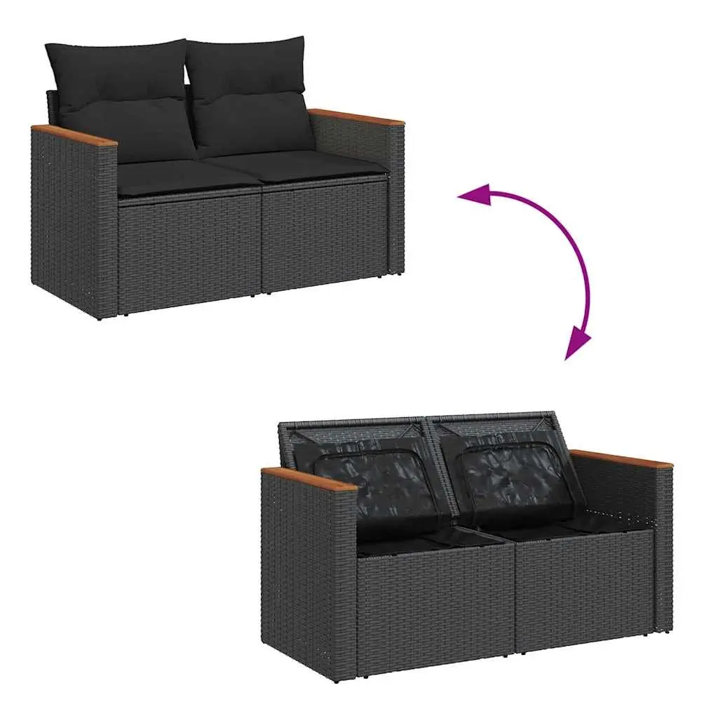 2-Seater Outdoor Garden Sofa with Storage Cushions Black Poly Rattan Patio