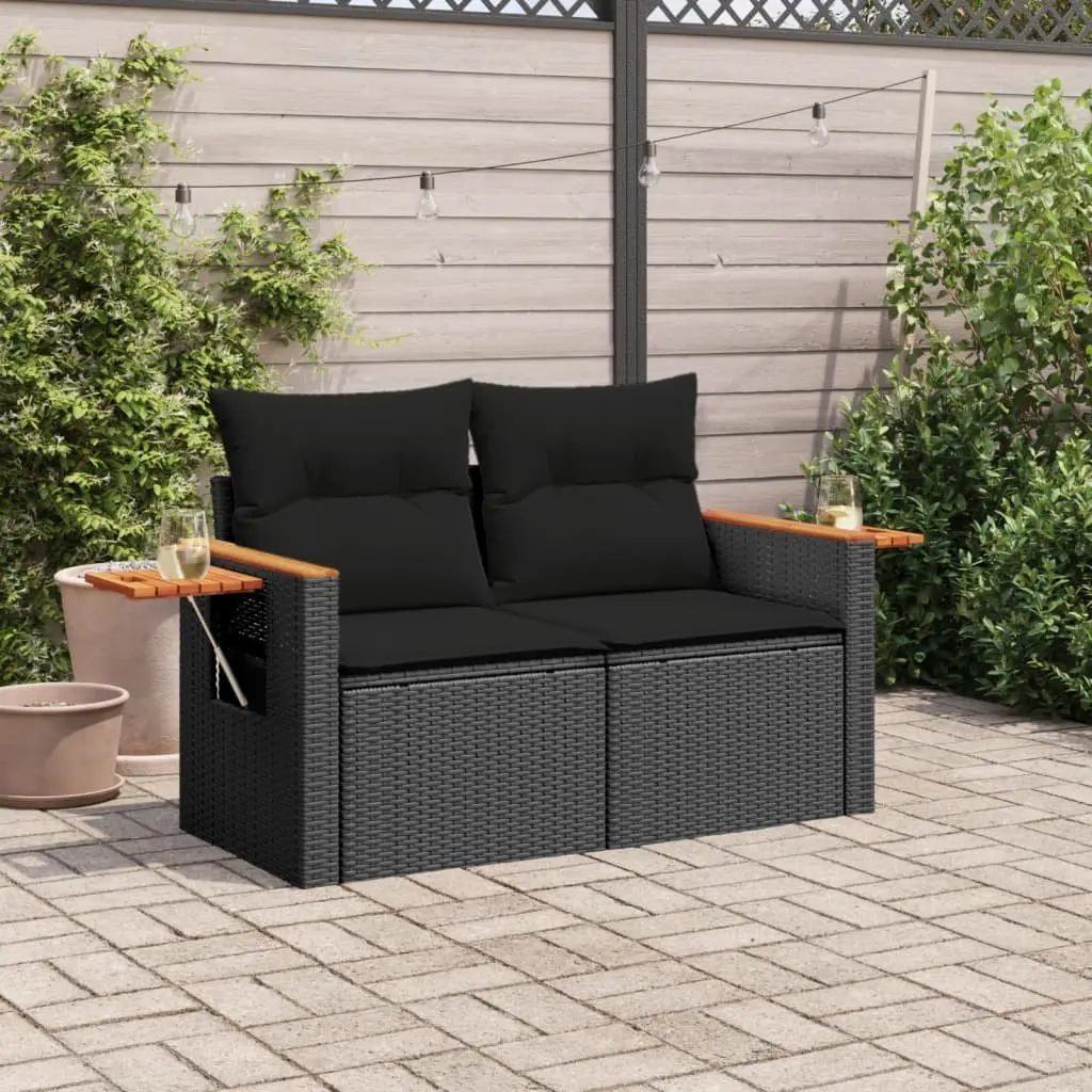 Garden Sofa 2-Seater Outdoor Patio Couch Black Poly Rattan with Cushions