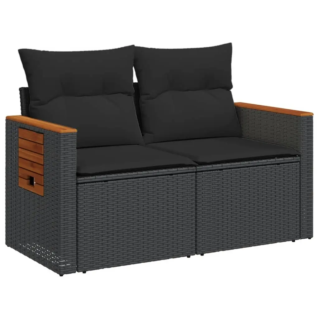 Garden Sofa 2-Seater Outdoor Patio Couch Black Poly Rattan with Cushions