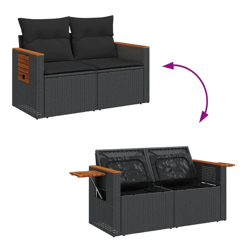 Garden Sofa 2-Seater Outdoor Patio Couch Black Poly Rattan with Cushions