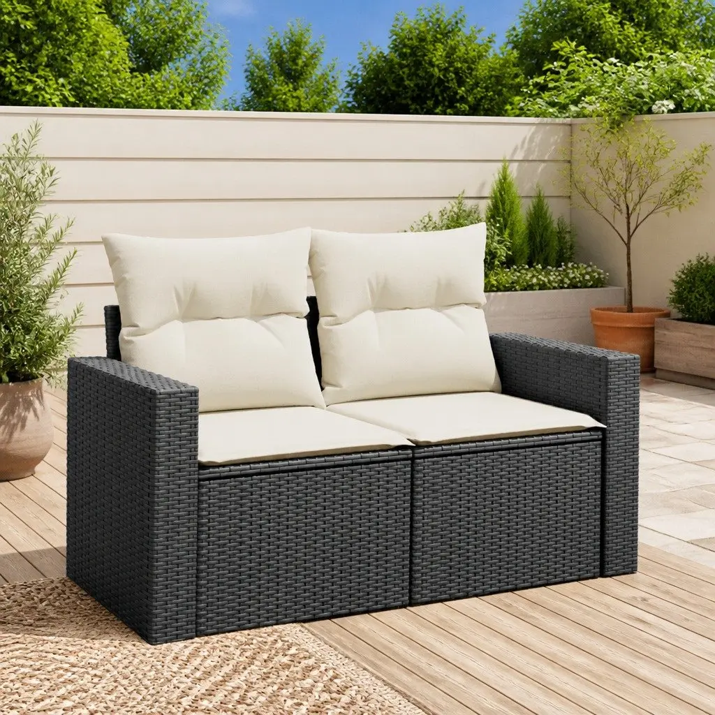 2-Seater Garden Sofa Outdoor Relaxation Black PE Rattan with Cushions