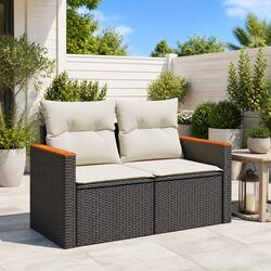 2-Seater Garden Sofa with Cushions Outdoor Patio Furniture Black Poly Rattan