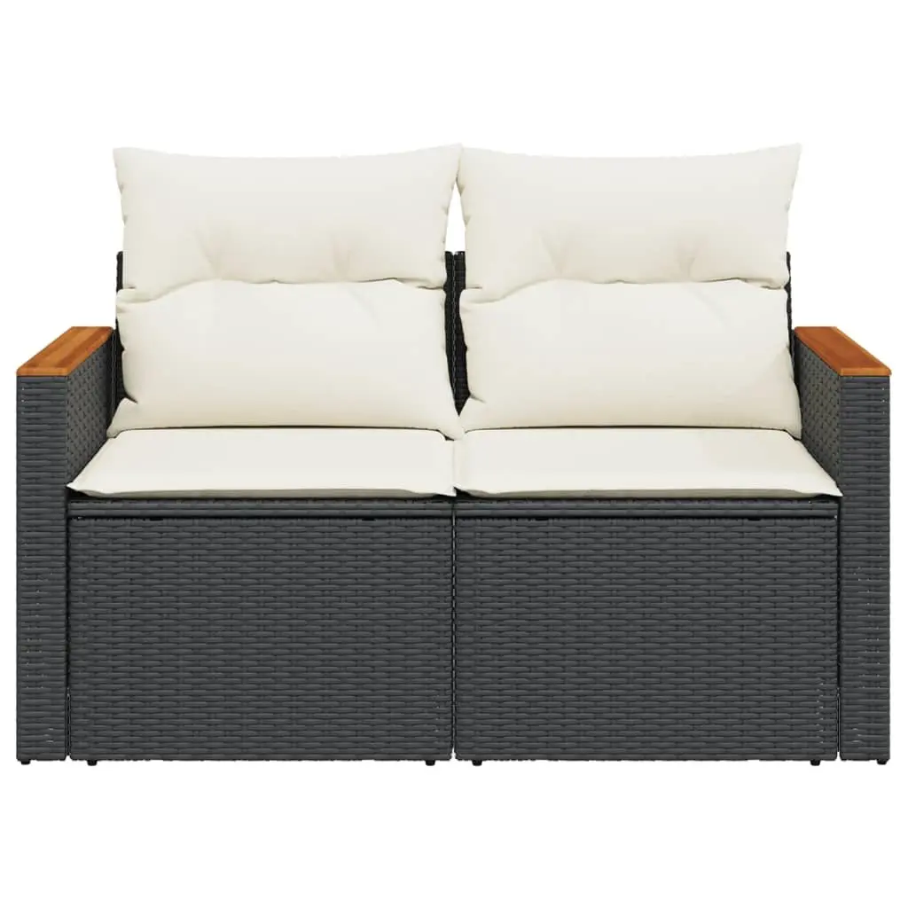 2-Seater Outdoor Garden Sofa with Cushions Foldable Side Table Black Poly Rattan