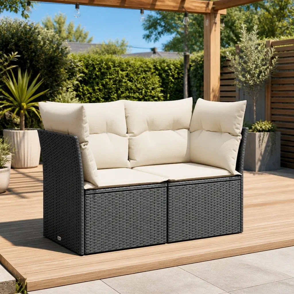 2-Seater Garden Sofa Outdoor Lounge Seat Black Rattan with Cushions and Storage