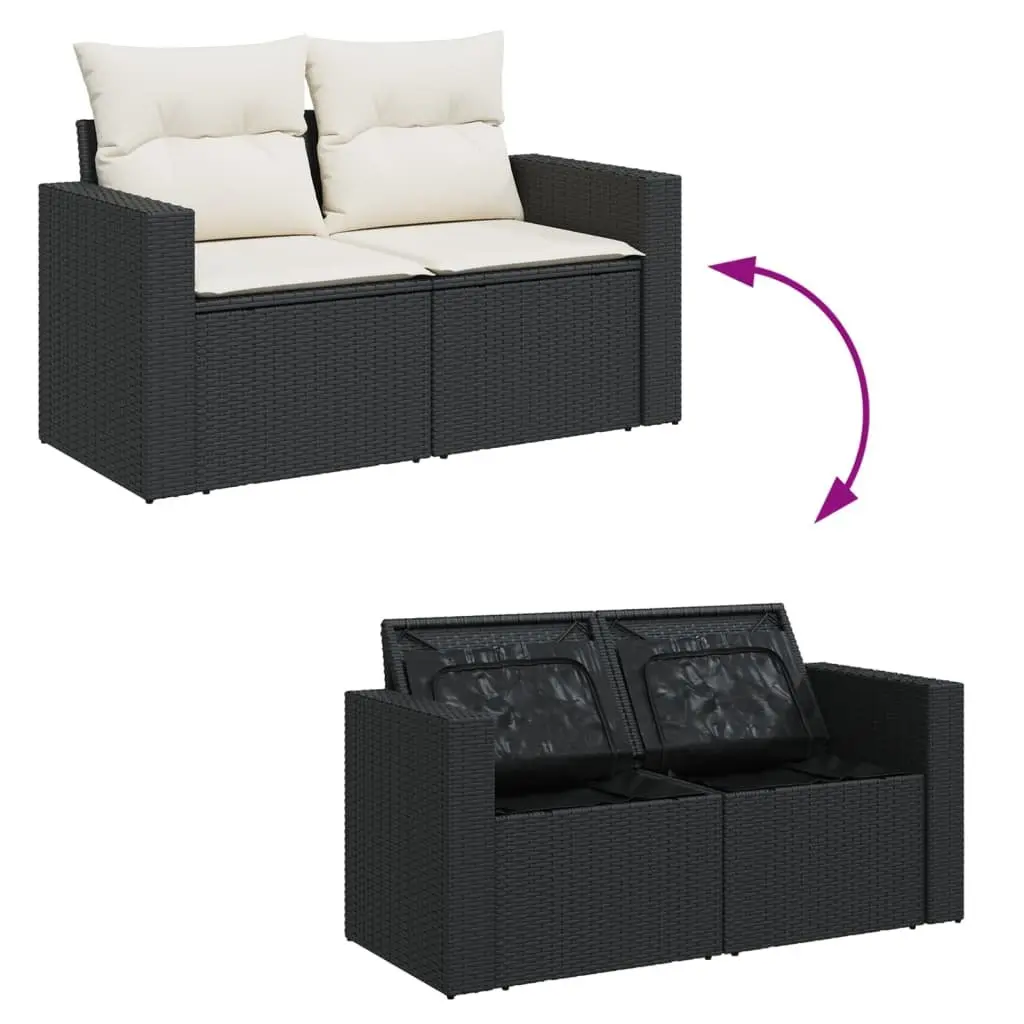 2-Seater Outdoor Garden Sofa Black Poly Rattan Storage Cushions