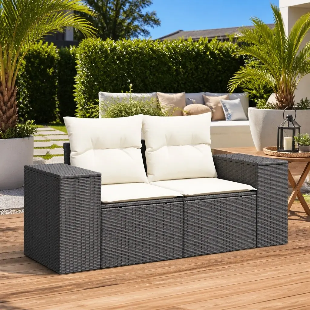 2-Seater Garden Sofa Outdoor Patio Furniture Black Poly Rattan with Cushions and Storage