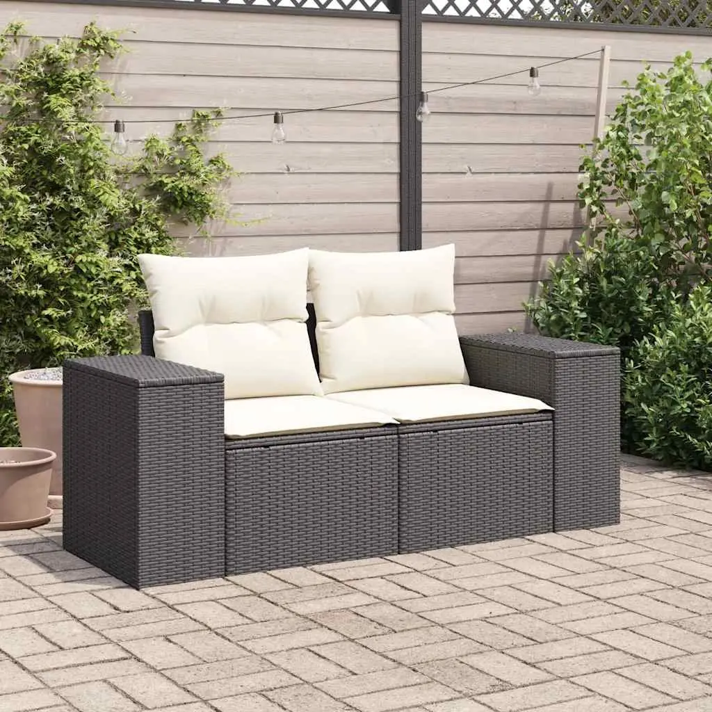 2-Seater Garden Sofa Outdoor Patio Furniture Black Poly Rattan with Cushions and Storage