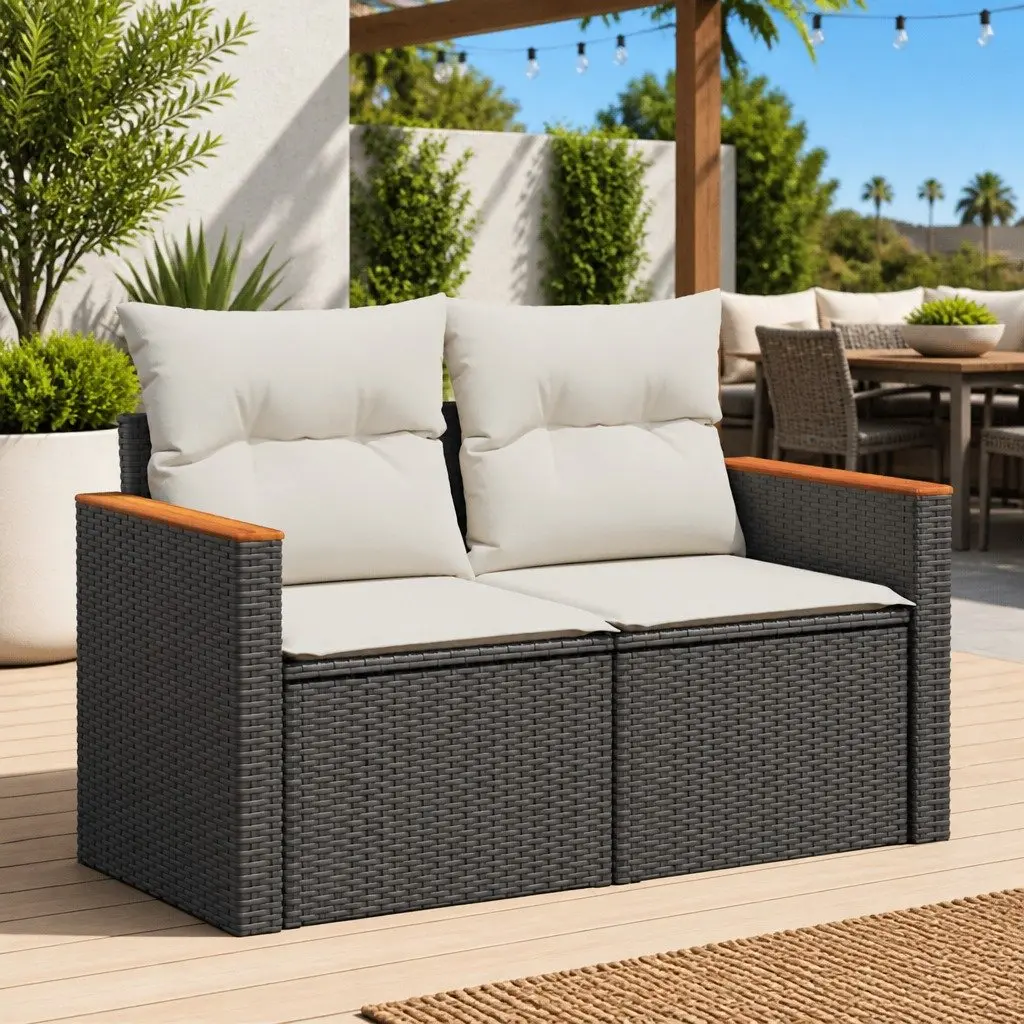 Modular Black Poly Rattan Outdoor Sofa for 2 People with Storage Cushions