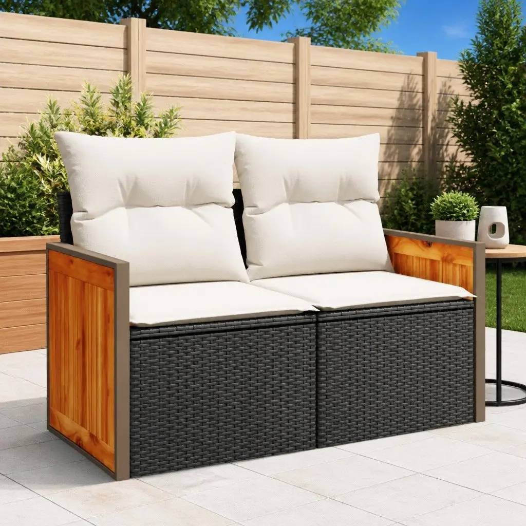 Outdoor Garden Sofa 2-Seater Black PE Rattan with Cushions Storage