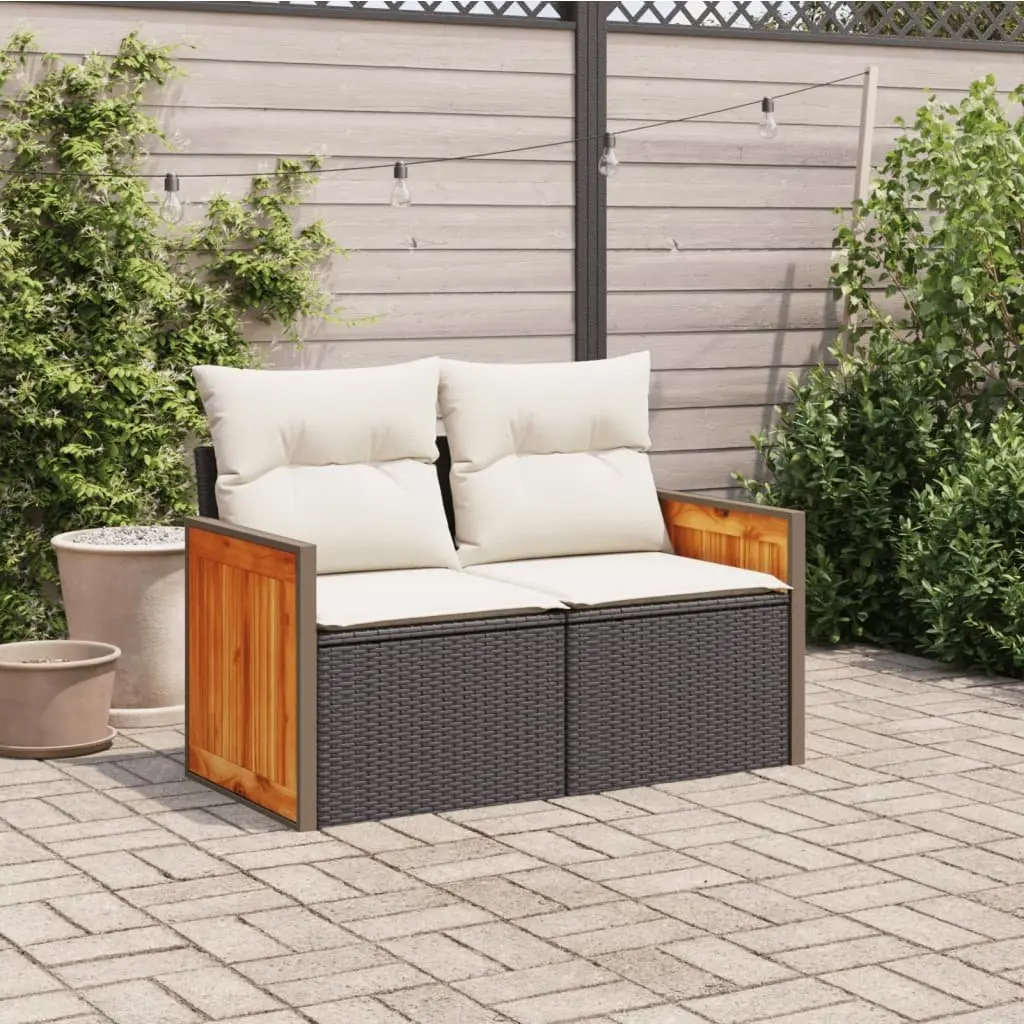 Outdoor Garden Sofa 2-Seater Black PE Rattan with Cushions Storage