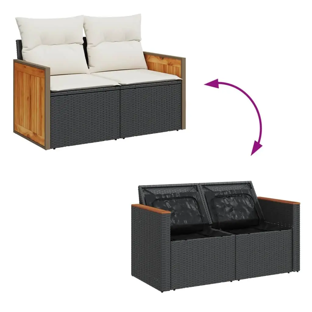 Outdoor Garden Sofa 2-Seater Black PE Rattan with Cushions Storage