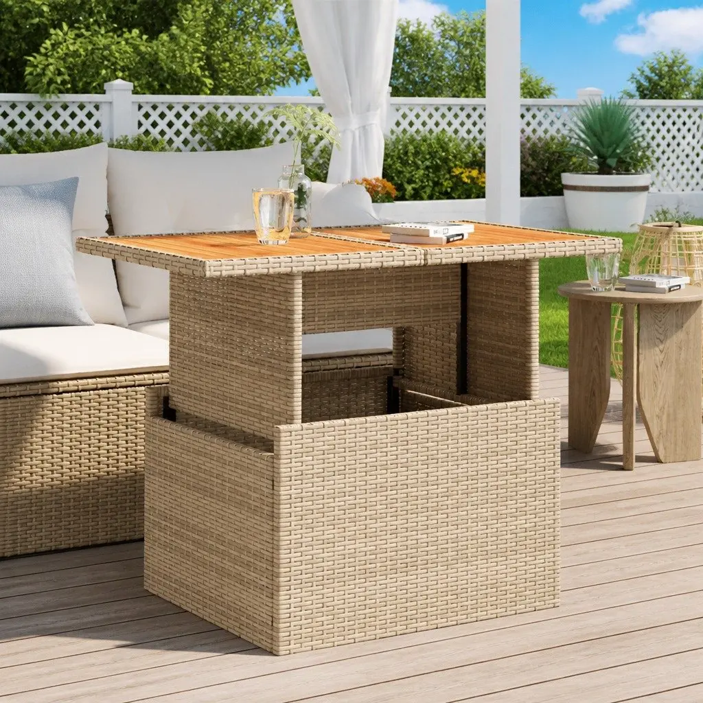 Garden Table Beige Adjustable Outdoor Furniture Acacia Wood PE Rattan Patio Dining