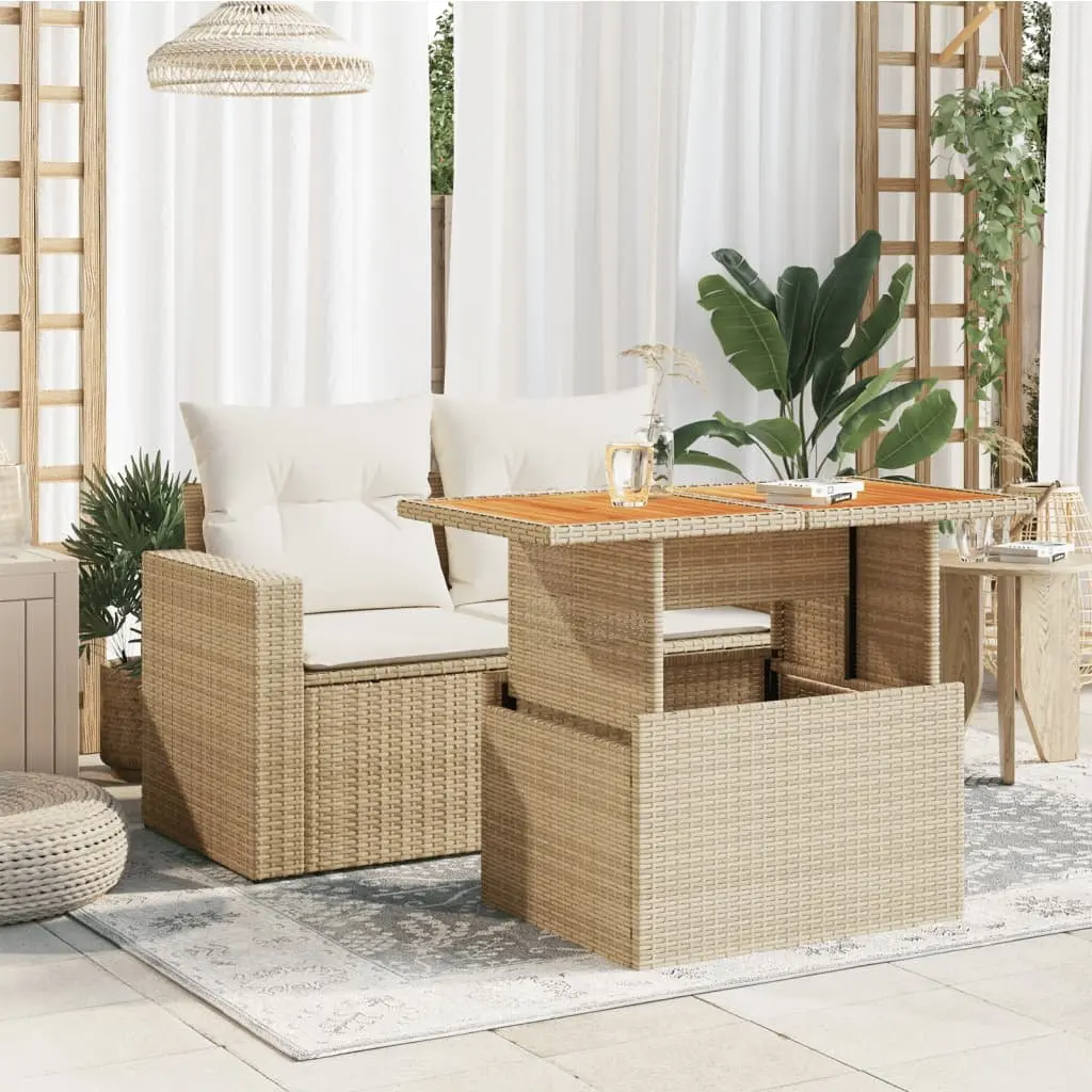 Garden Table Beige Adjustable Outdoor Furniture Acacia Wood PE Rattan Patio Dining