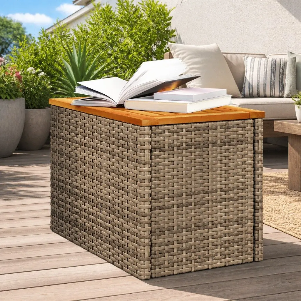 Outdoor Side Tables 2 pcs Beige PE Rattan Wood Top Garden Patio Furniture