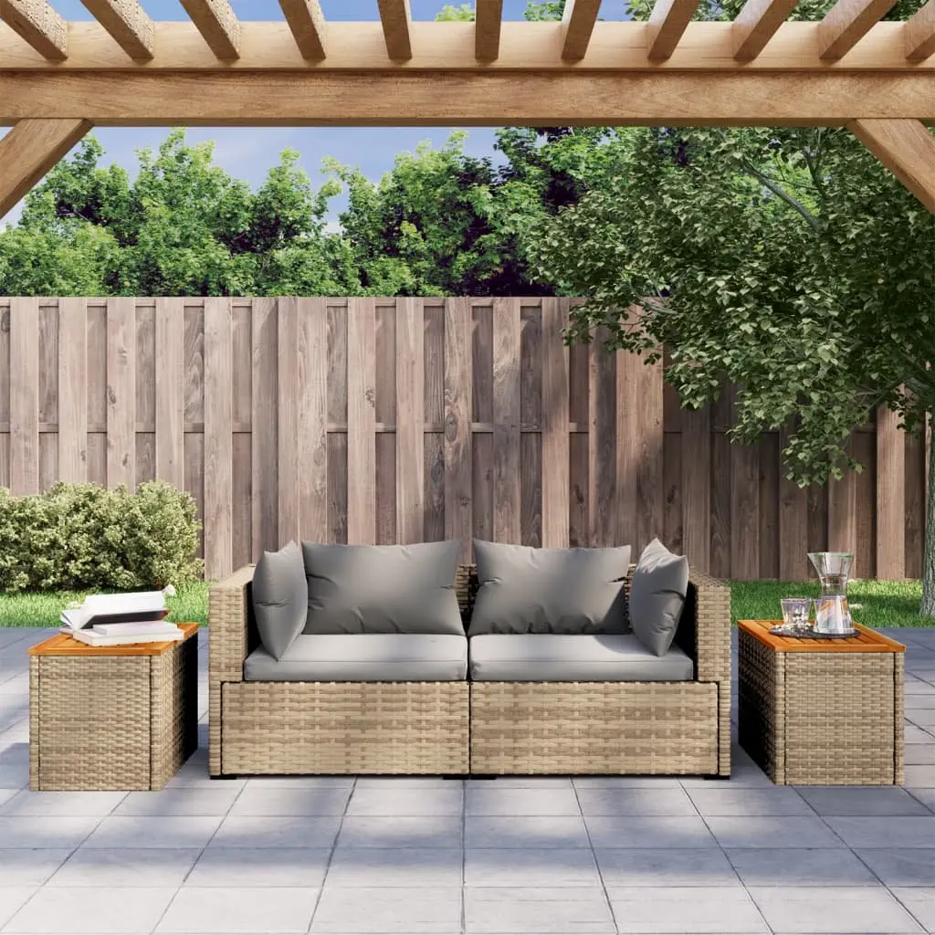 Outdoor Side Tables 2 pcs Beige PE Rattan Wood Top Garden Patio Furniture