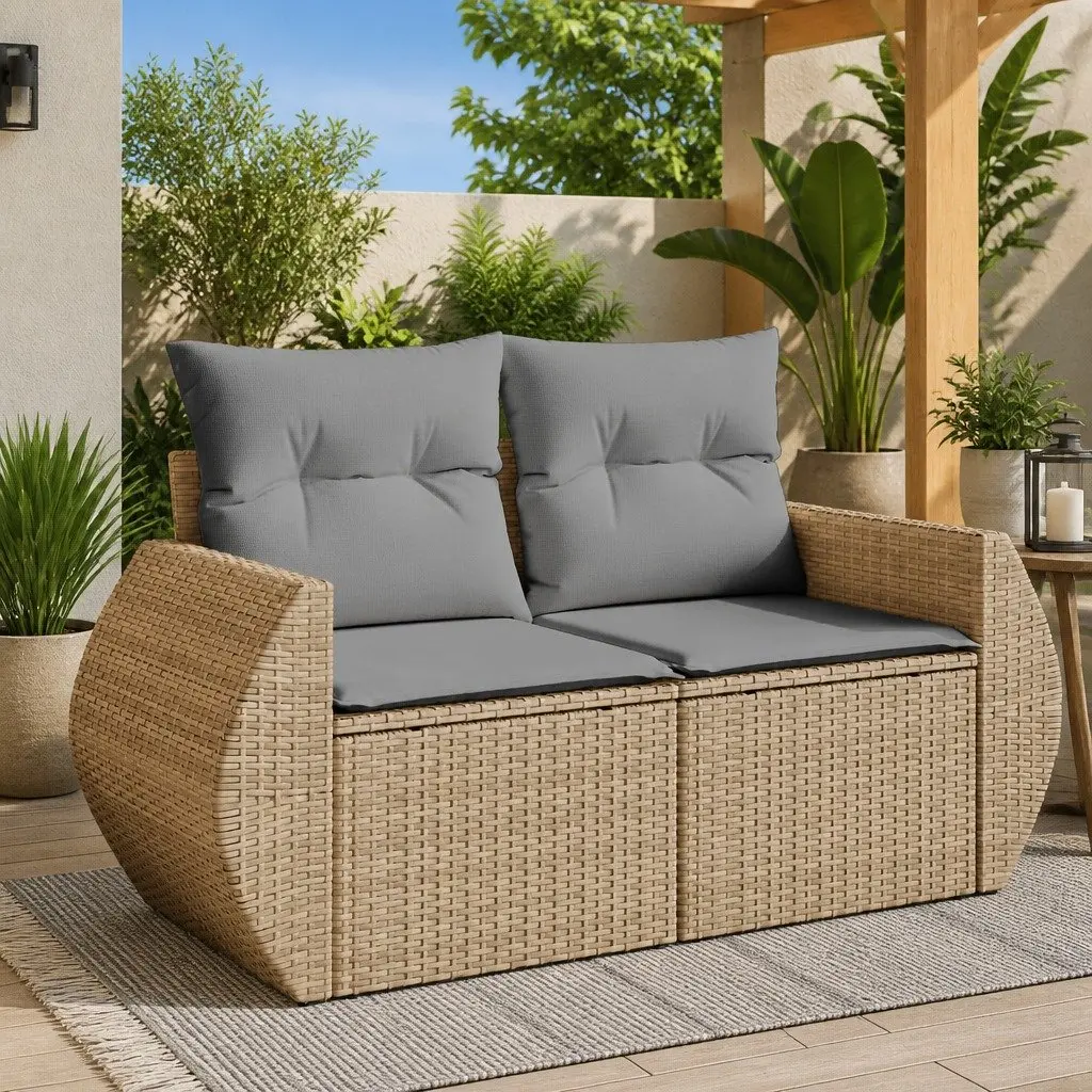 2-Seater Garden Sofa Outdoor Patio Furniture Beige Rattan Seating with Cushions