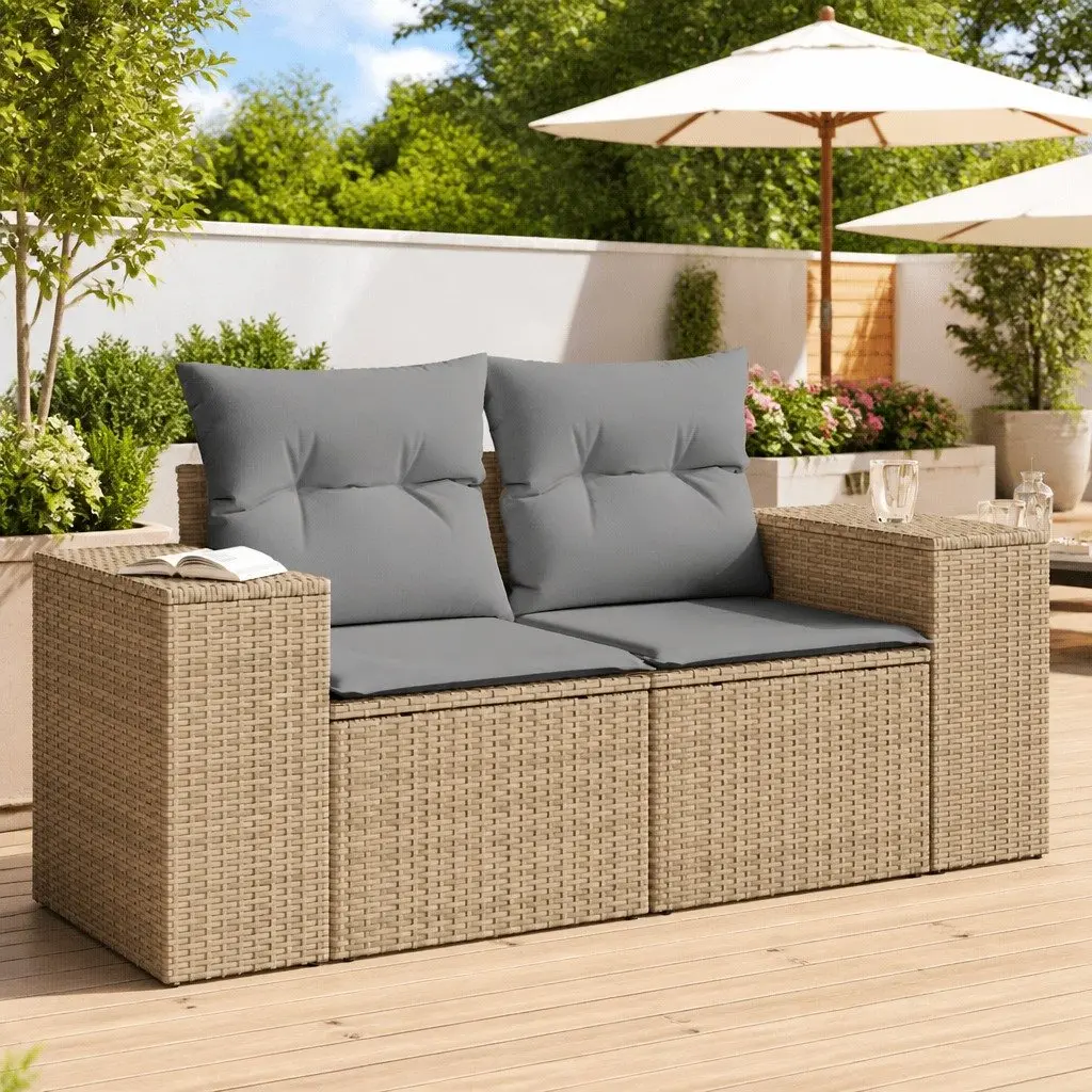 2-Seater Garden Sofa Outdoor Patio Furniture Beige Poly Rattan