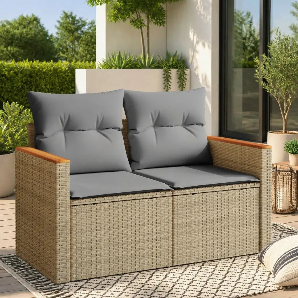 Outdoor Garden Sofa 2-Seater Beige PE Rattan with Cushions