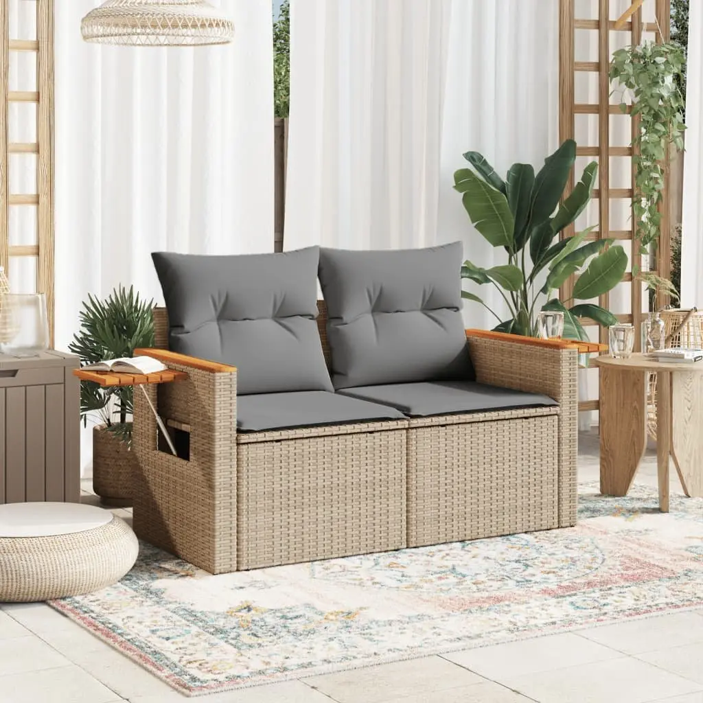 2-Seater Garden Sofa Outdoor Furniture Beige Poly Rattan with Cushions