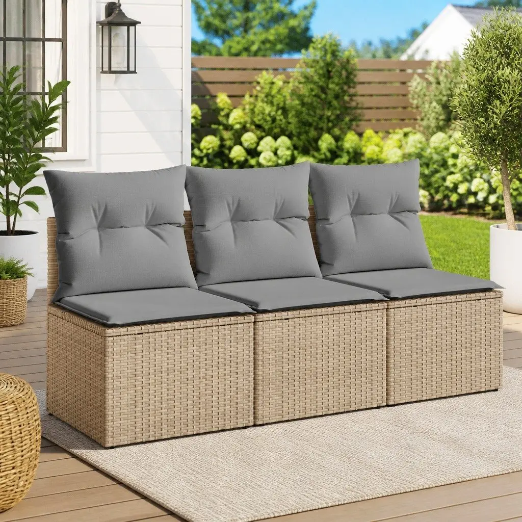 Outdoor Garden Sofa 3-Seater Storage Cushions Beige Poly Rattan