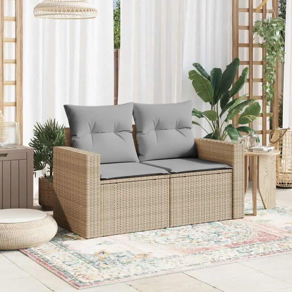 2-Seater Garden Sofa Outdoor Furniture Set Storage Beige Poly Rattan with Cushions