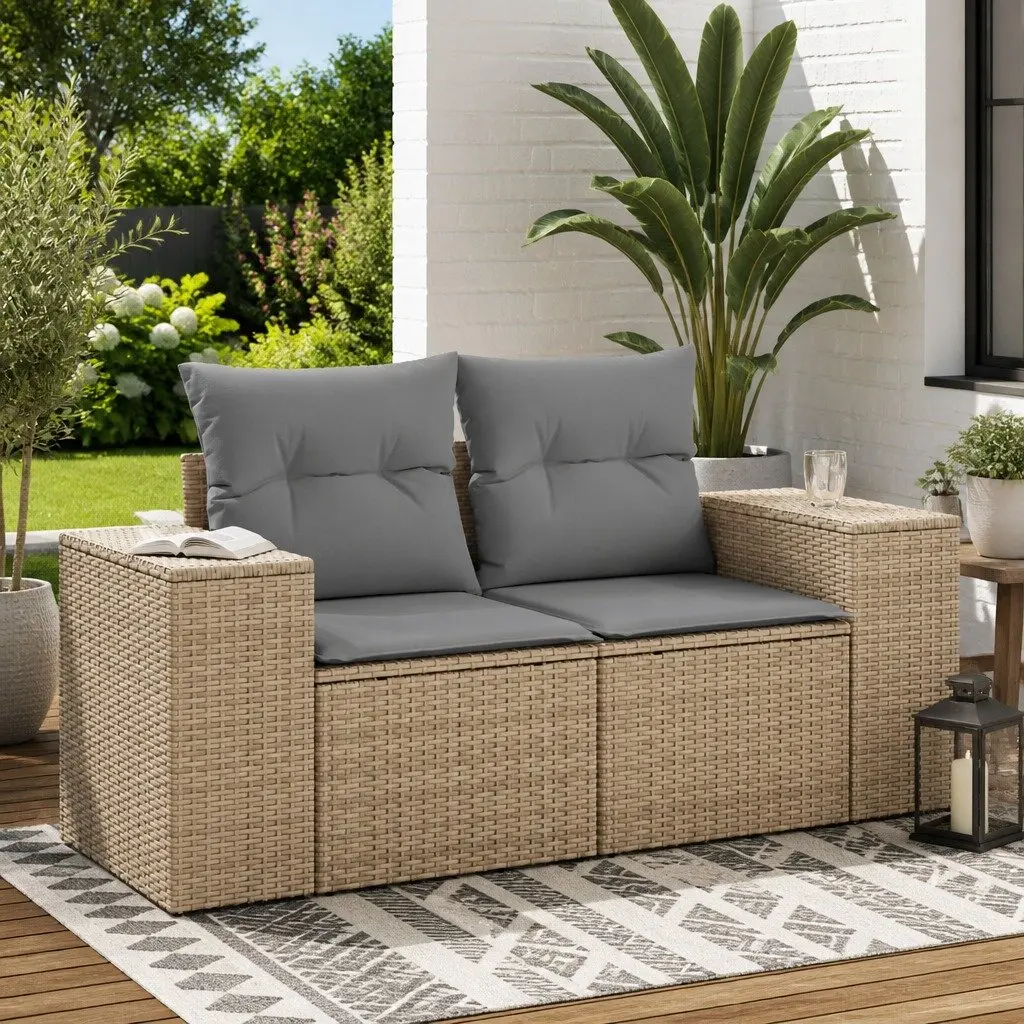 2-Seater Garden Sofa Outdoor with Storage Beige PE Rattan and Cushions