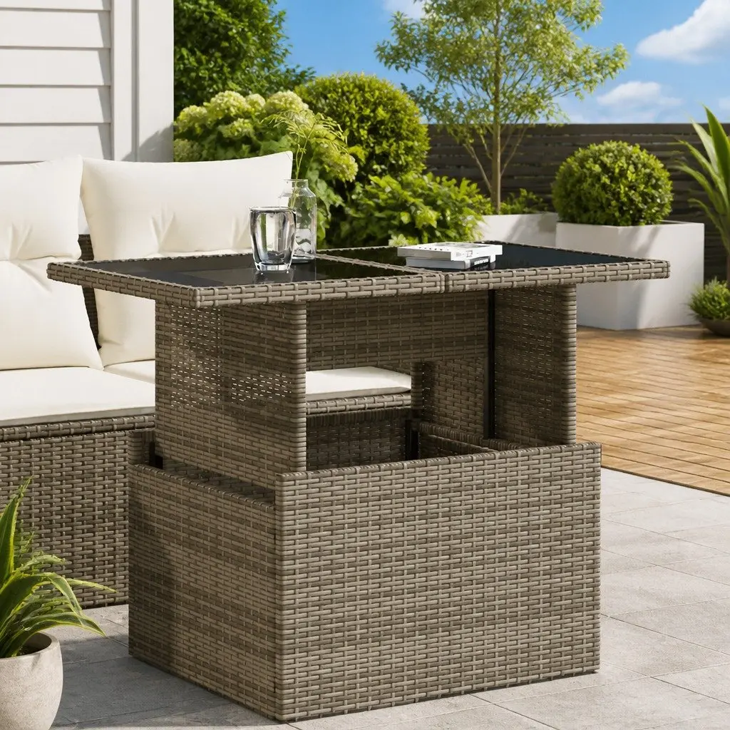 Garden Table Outdoor Furniture Coffee Dining Adjustable Height Grey Glass Top Poly Rattan