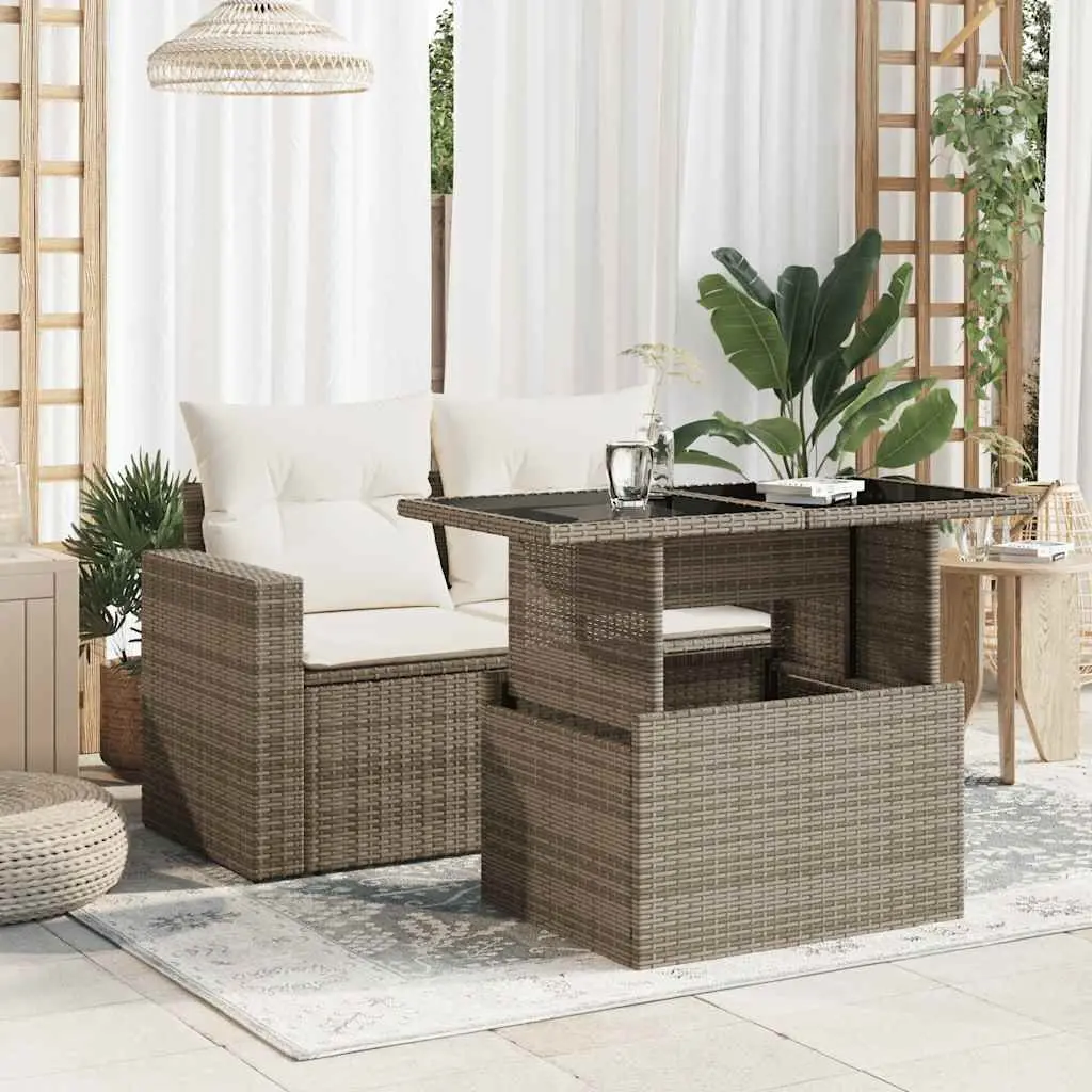 Garden Table Outdoor Furniture Coffee Dining Adjustable Height Grey Glass Top Poly Rattan