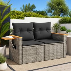 2-Seater Garden Sofa Grey Poly Rattan Outdoor Furniture with Cushions Side Table