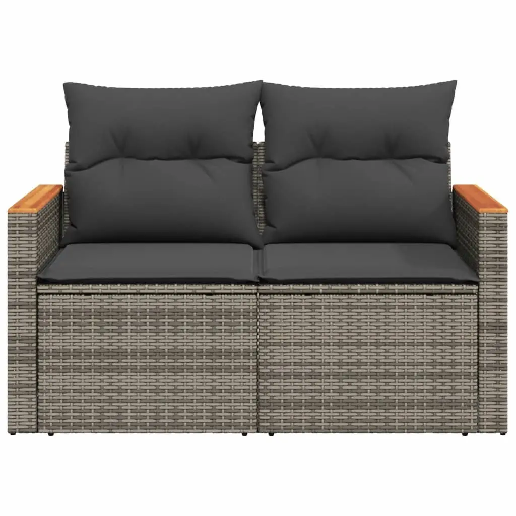 2-Seater Garden Sofa Outdoor Furniture Grey Poly Rattan with Cushions and Foldable Side Table