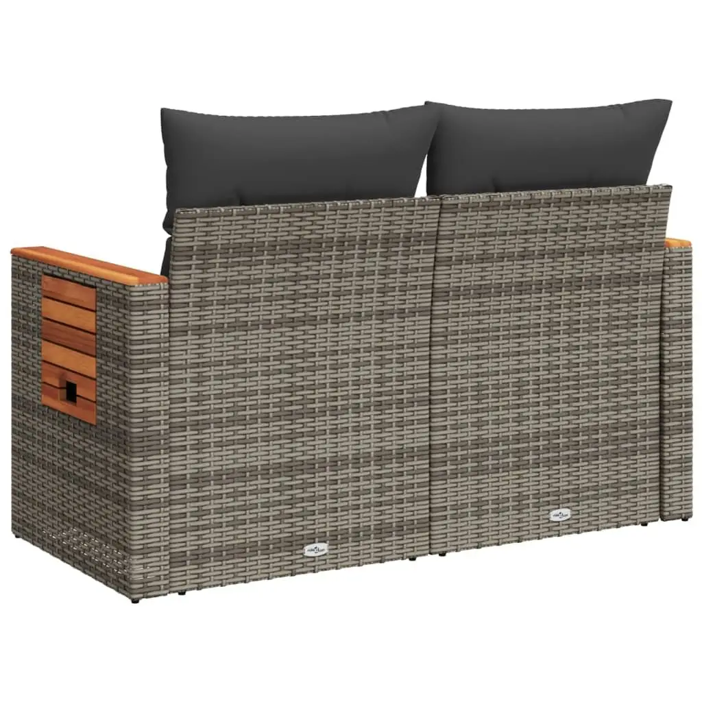 2-Seater Garden Sofa Outdoor Furniture Grey Poly Rattan with Cushions and Foldable Side Table