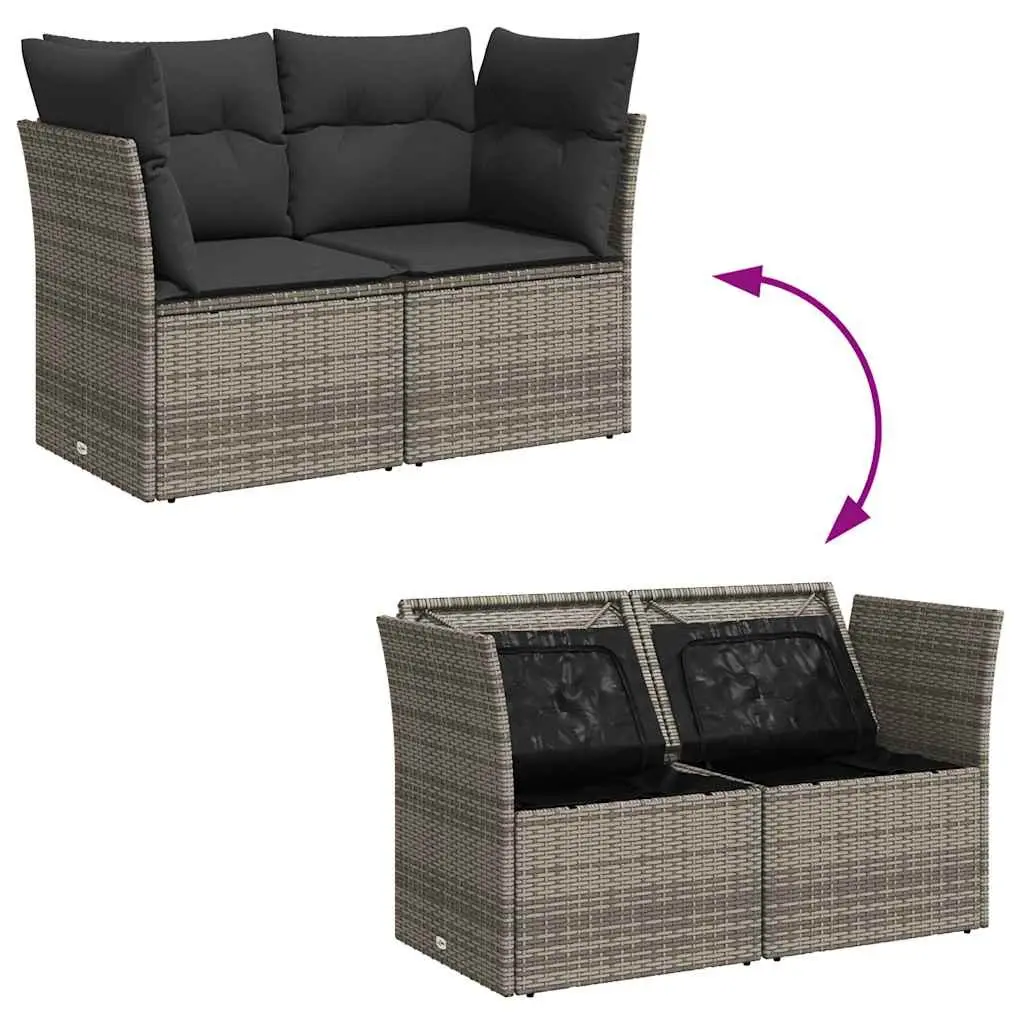 2-Seater Garden Sofa Outdoor Seating Grey Poly Rattan with Cushions and Storage
