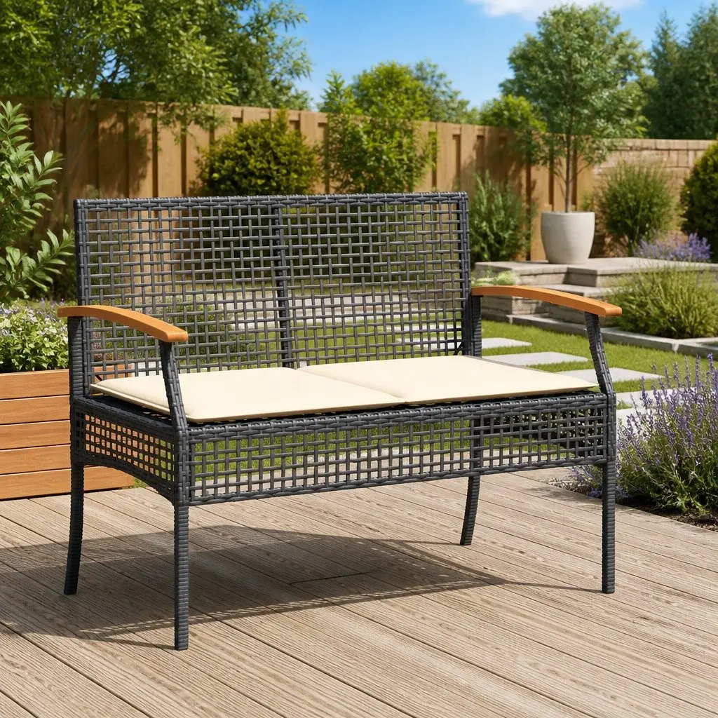 Garden Bench Outdoor Seating Black Poly Rattan Acacia Wood Frame