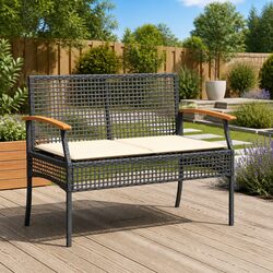 Garden Bench Outdoor Seating with Cushion Black Poly Rattan Acacia Wood Frame