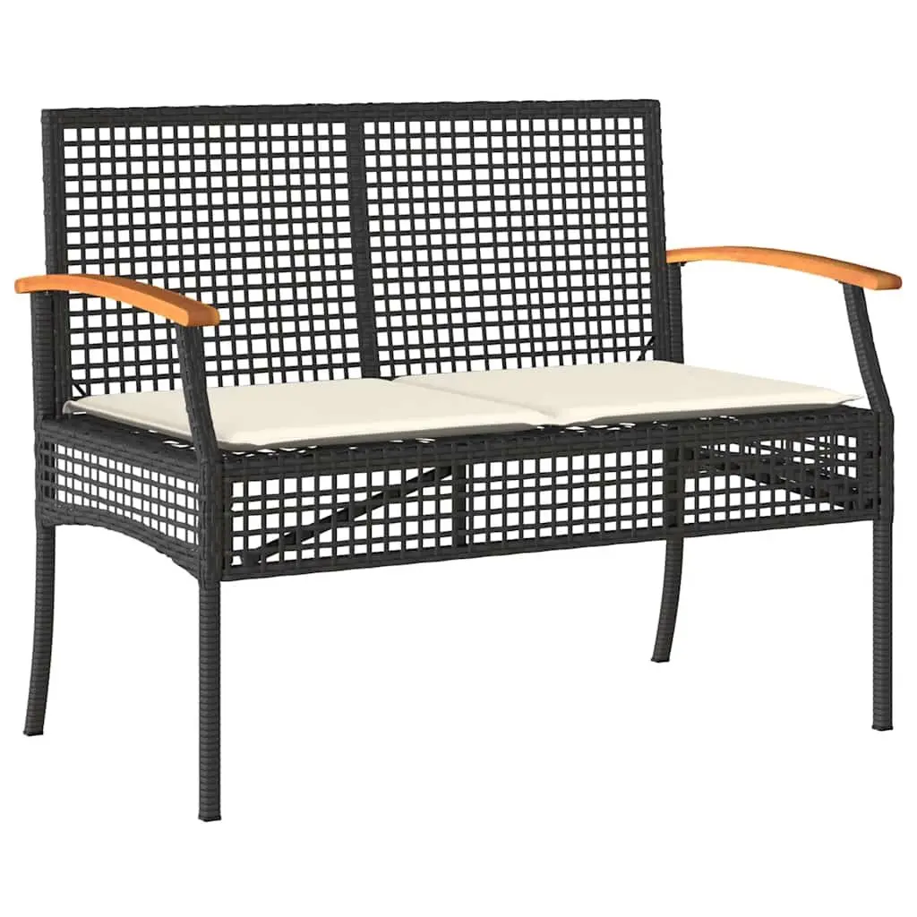 Garden Bench Outdoor Seating Black Poly Rattan Acacia Wood Frame