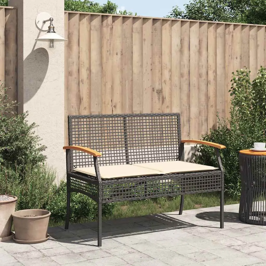 Garden Bench Outdoor Seating Black Poly Rattan Acacia Wood Frame