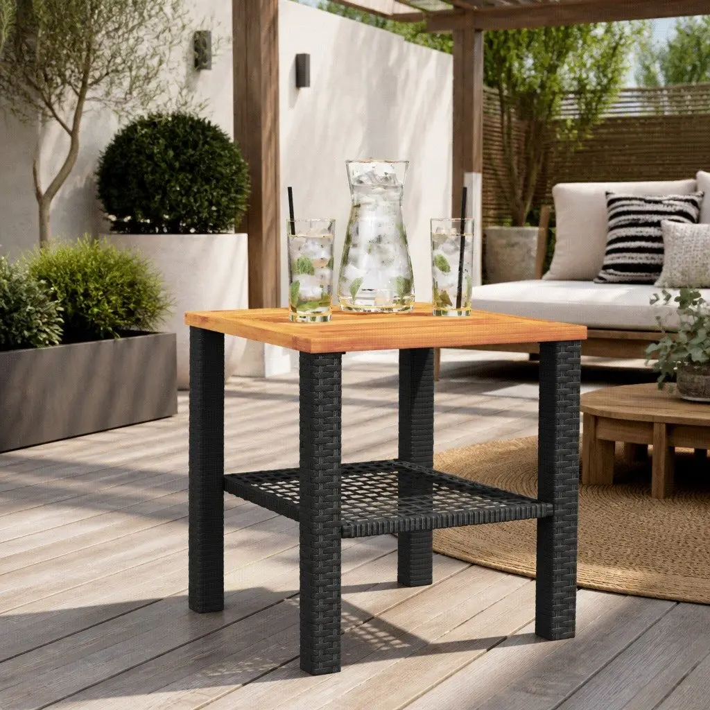Garden Table Outdoor Furniture Black Poly Rattan Acacia Wood 40 x 40 x 42 cm