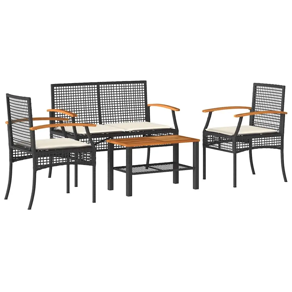 Black Poly Rattan Garden Lounge Set 4 Piece Outdoor Patio Furniture with Cushions