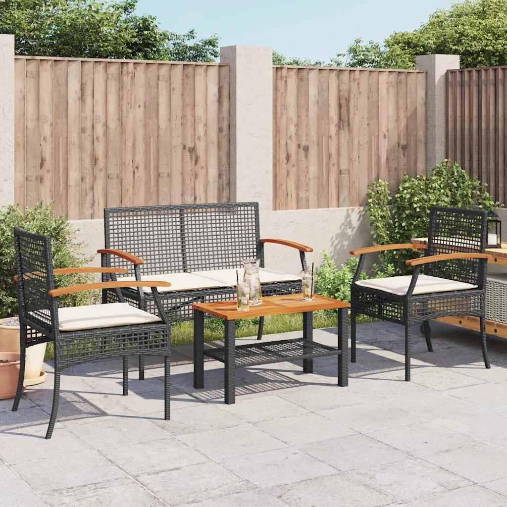 Black Poly Rattan Garden Lounge Set 4 Piece Outdoor Patio Furniture with Cushions