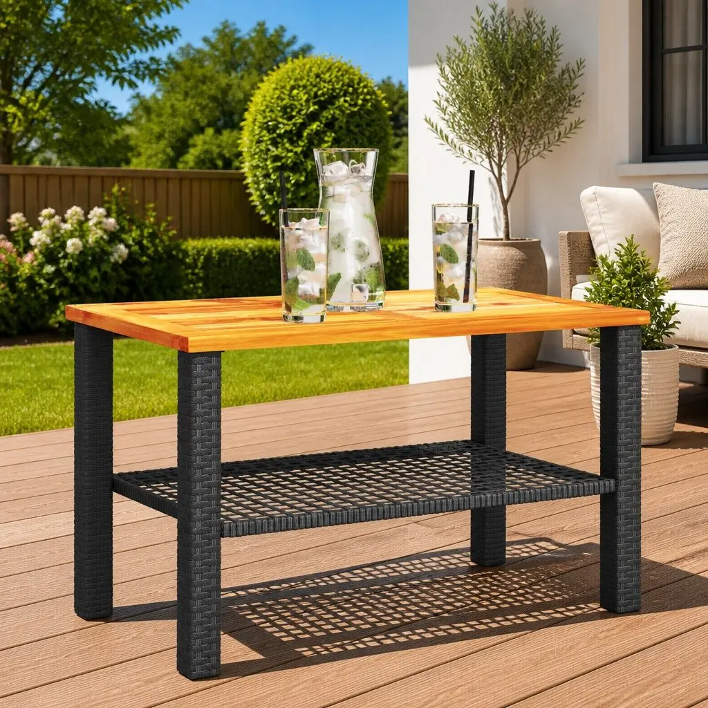 Garden Table Black Outdoor Patio Dining Furniture Poly Rattan Acacia Wood Top