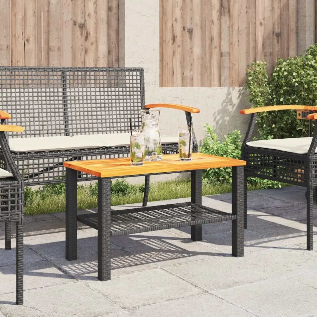 Garden Table Black Outdoor Patio Dining Furniture Poly Rattan Acacia Wood Top